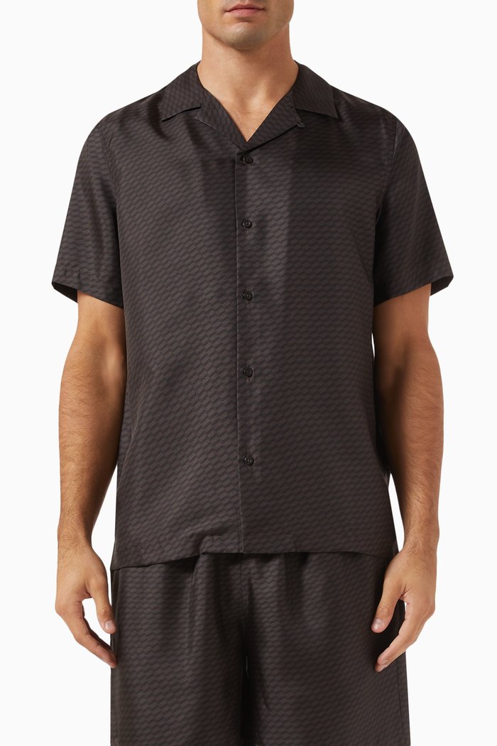 Monogram Thompson Camp Collar Shirt in Silk, Grey