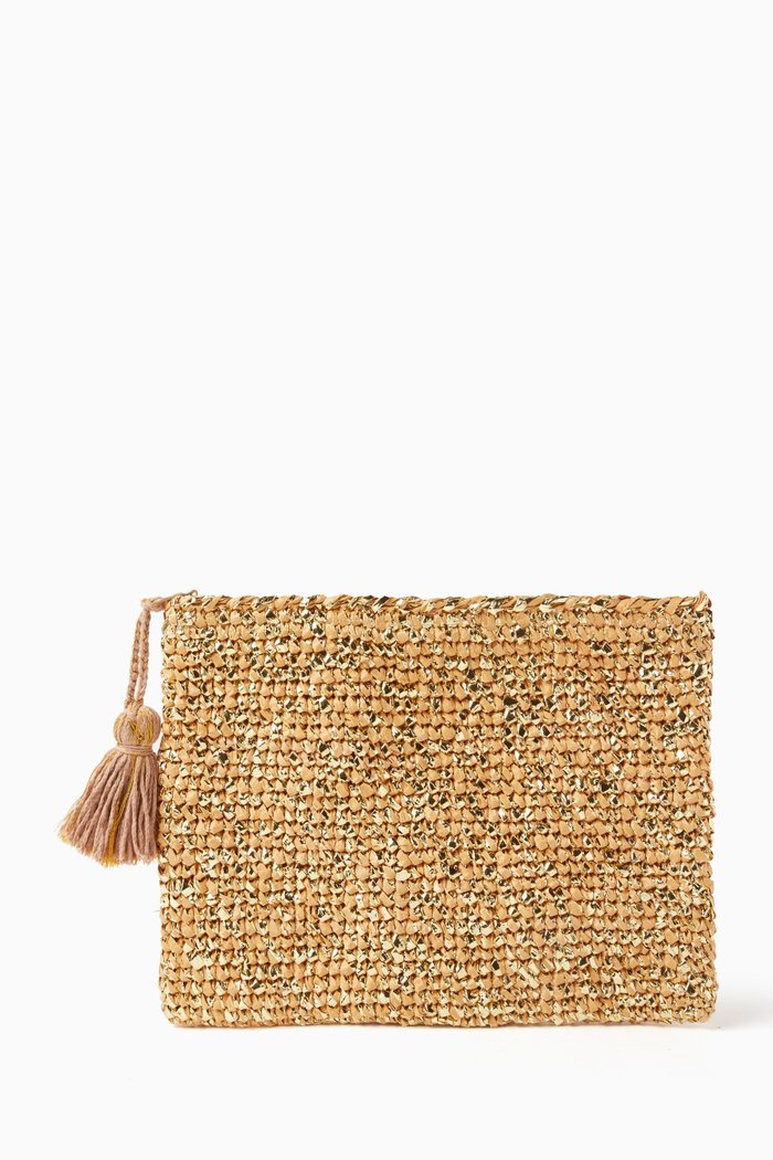 Small Clutch in Metallic Raffia, Gold