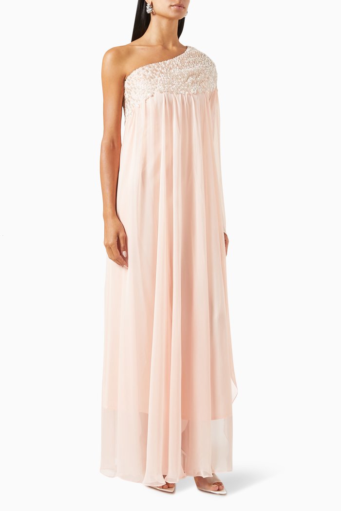 

One-shoulder Embellished Maxi Dress in Silk & Chiffon, Orange