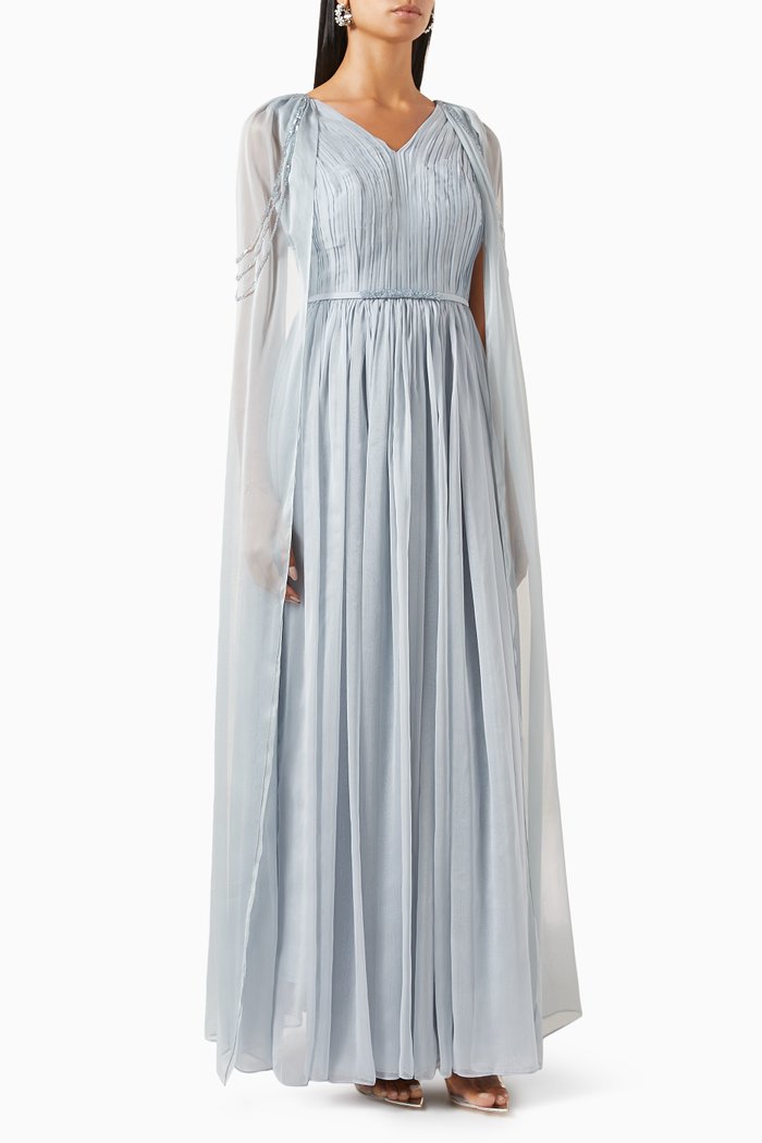 

Daisy Pleated Maxi Dress in Silk & Chiffon, Grey