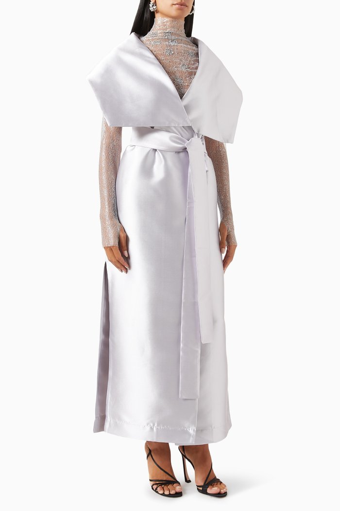

Amara Belted Wrap Maxi Dress Set in Taffeta & Tulle, Silver