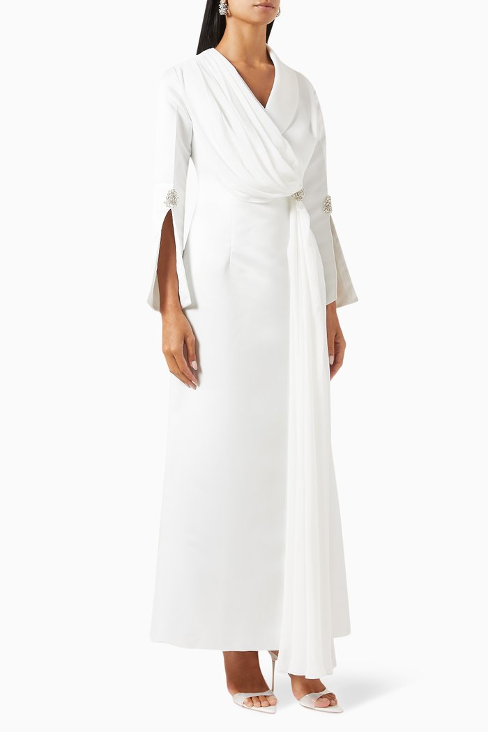 

Angelica Wrap Maxi Dress in Bridal Satin, White