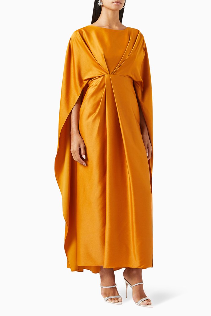 Tara Cape Maxi Dress in Crepe-satin, Orange