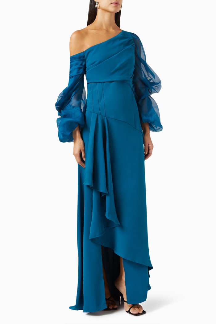 

One-shoulder Ruffled Maxi Dress in Cady & Silk Organza, Blue