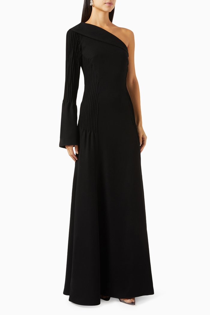 

One-shoulder Pintuck Maxi Dress, Black