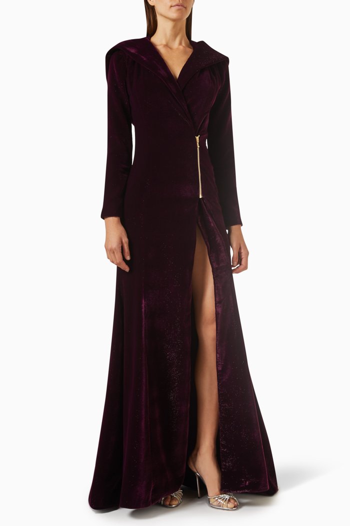 

Hooded Maxi Dress in Velvet, Purple