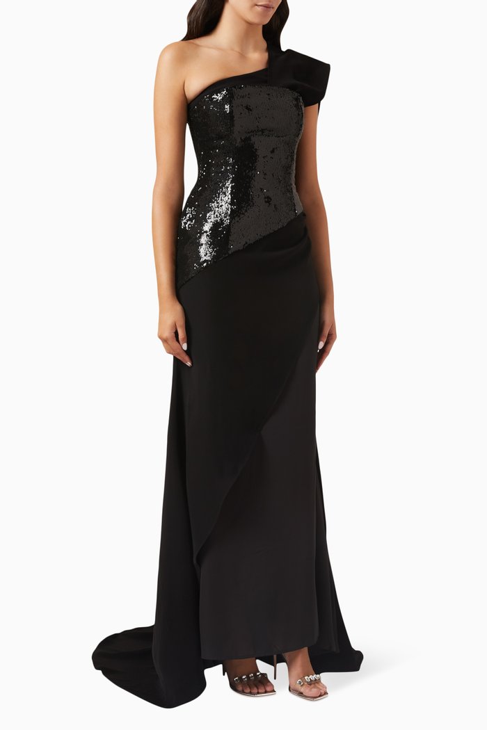

Mantella Drop-waist Sequined Gown, Black