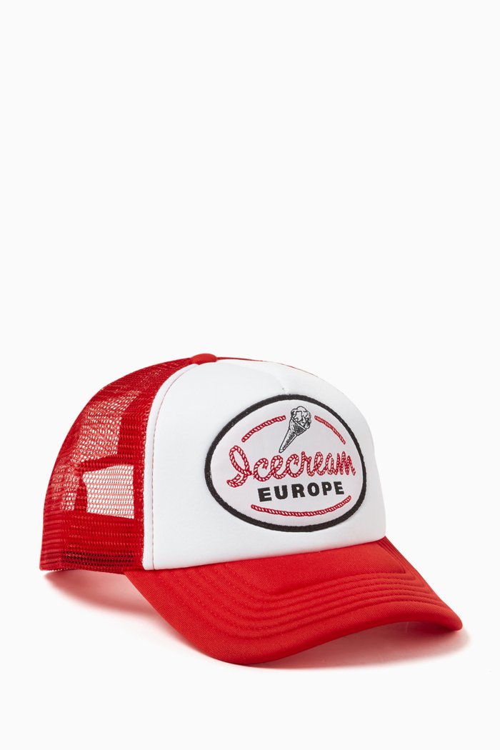 

Woven Patch Trucker Cap in Mesh, Red