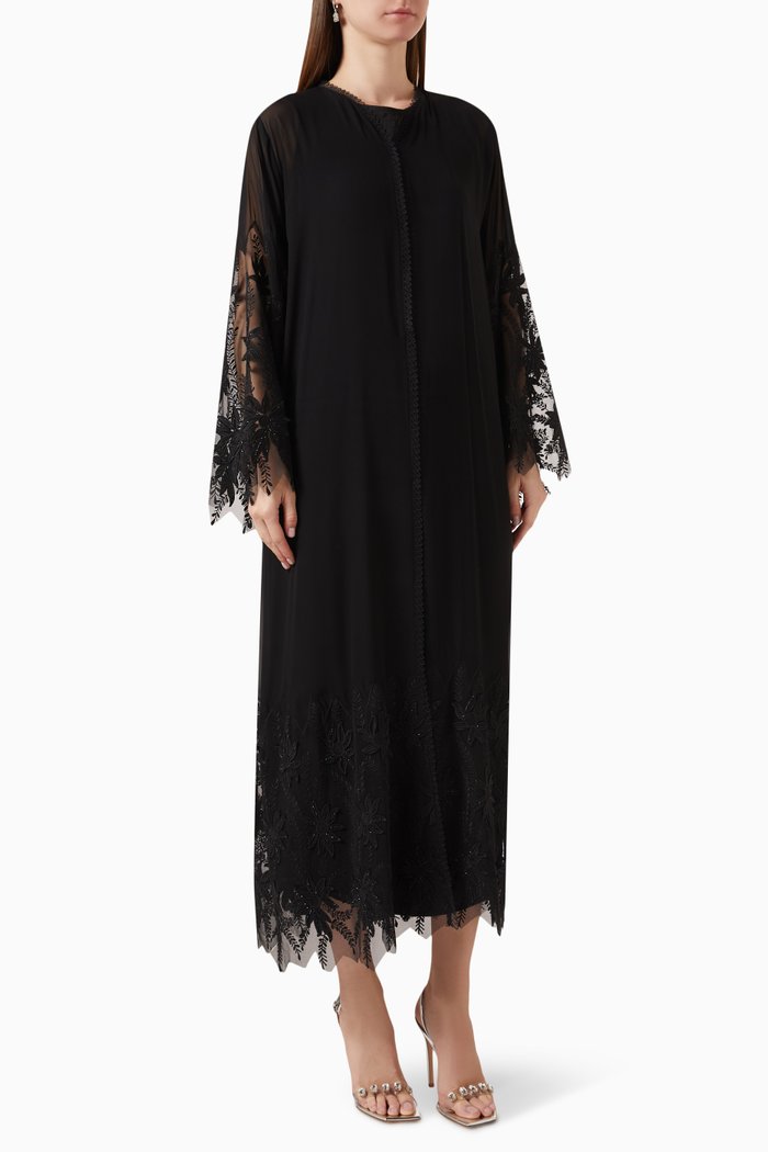

Lace-trim Abaya in Chiffon, Black