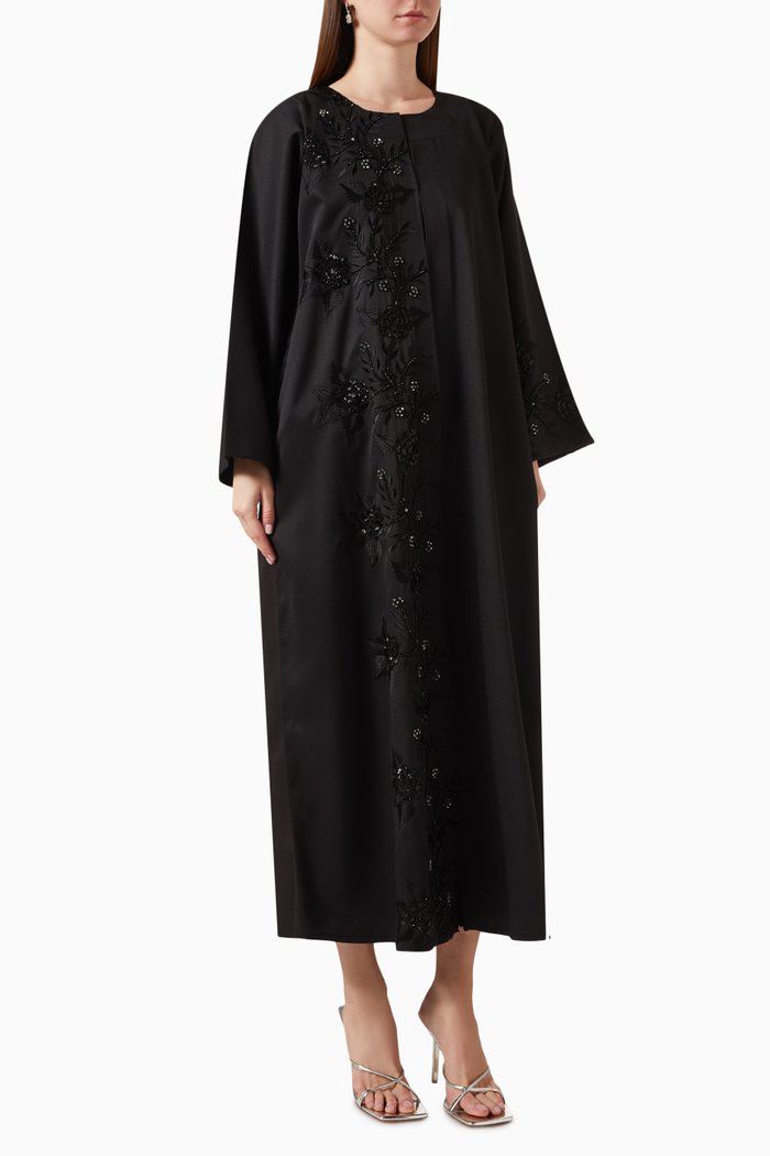 

Floral Bead-embellished Abaya, Black