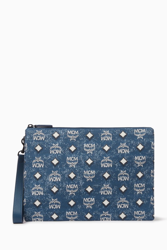 

Aren Wristlet Zip Pouch in Vintage Denim Jacquard, Blue