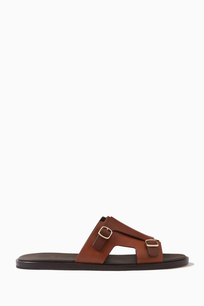 

Double Buckle Sandals in Calf Leather, Brown