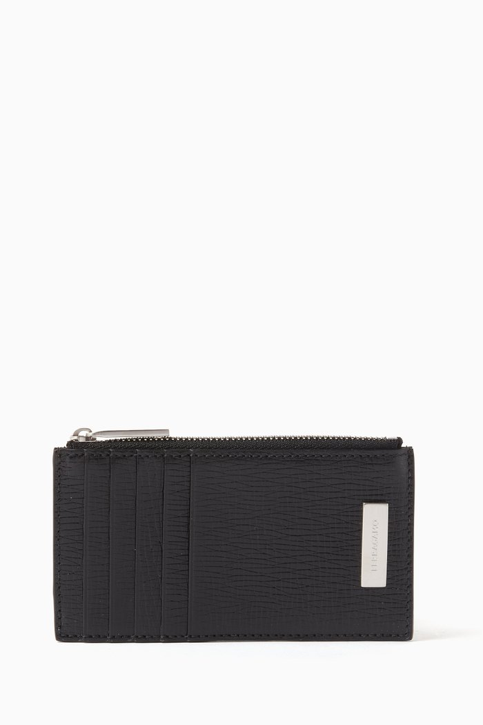 

Logo Plaque Zippered Card Case in Leather, Black
