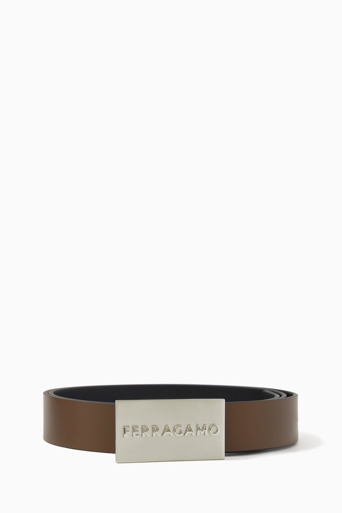 

Logo Buckle Reversible Belt in Calf Leather, Brown