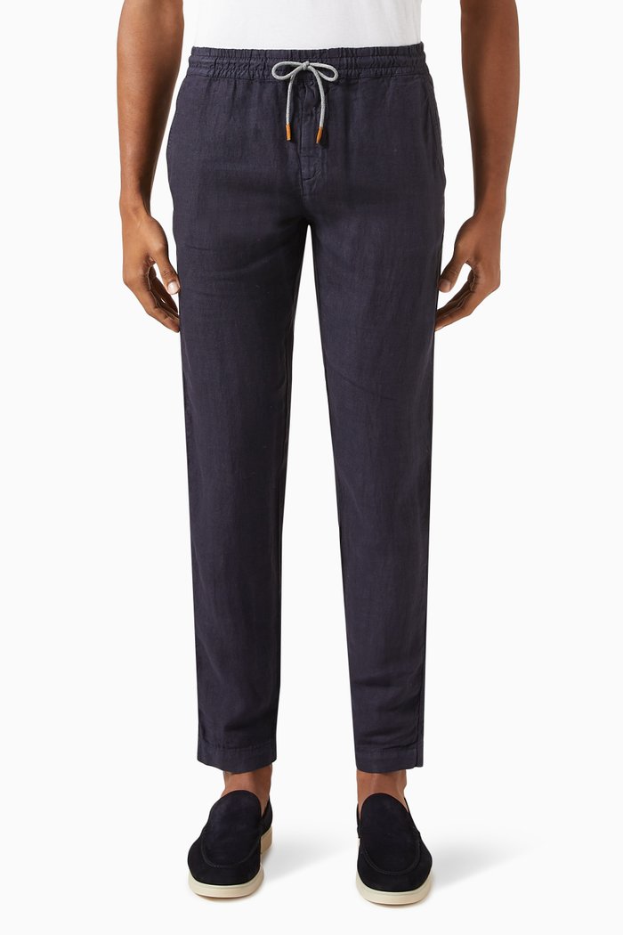 

Drawstring Trousers in Linen, Blue