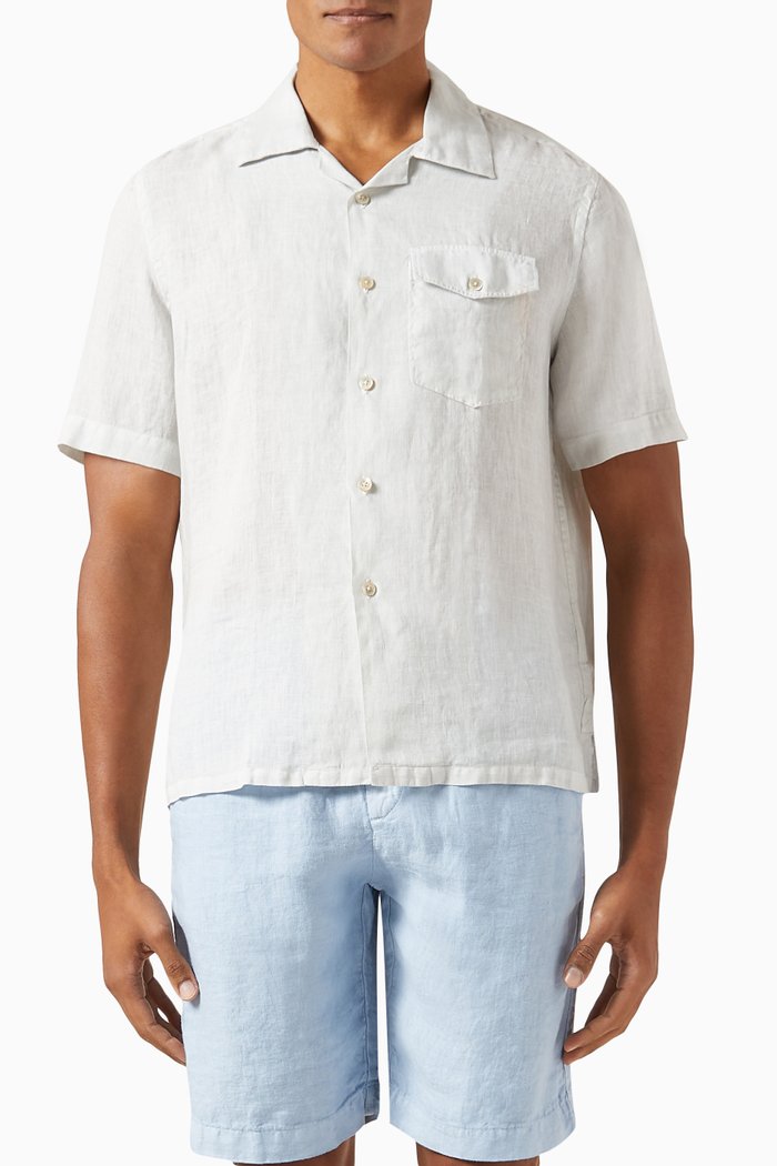 

Short-sleeved Shirt in Linen, Blue