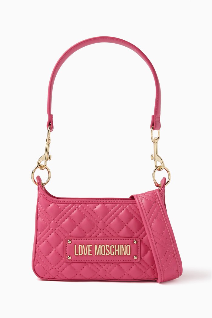 

Small Logo Shoulder Bag in Quilted Faux Leather, Pink