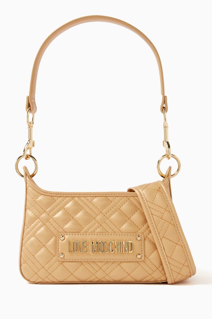 

Small Logo Shoulder Bag in Quilted Faux Leather, Gold