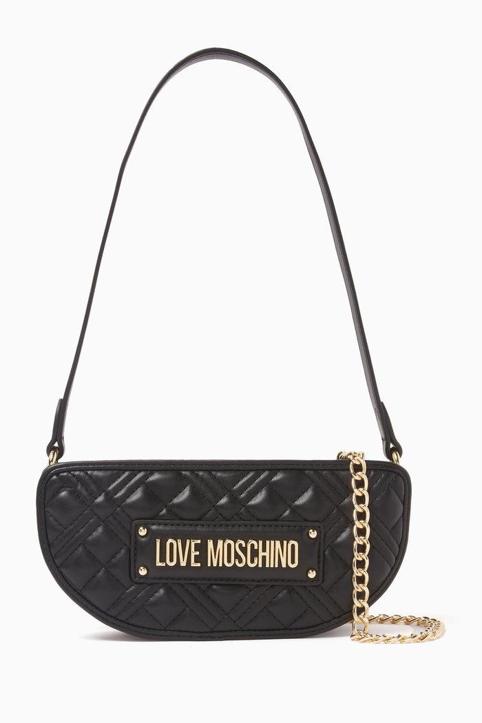 Small Half Moon Bag in Quilted Faux-Leather, Black