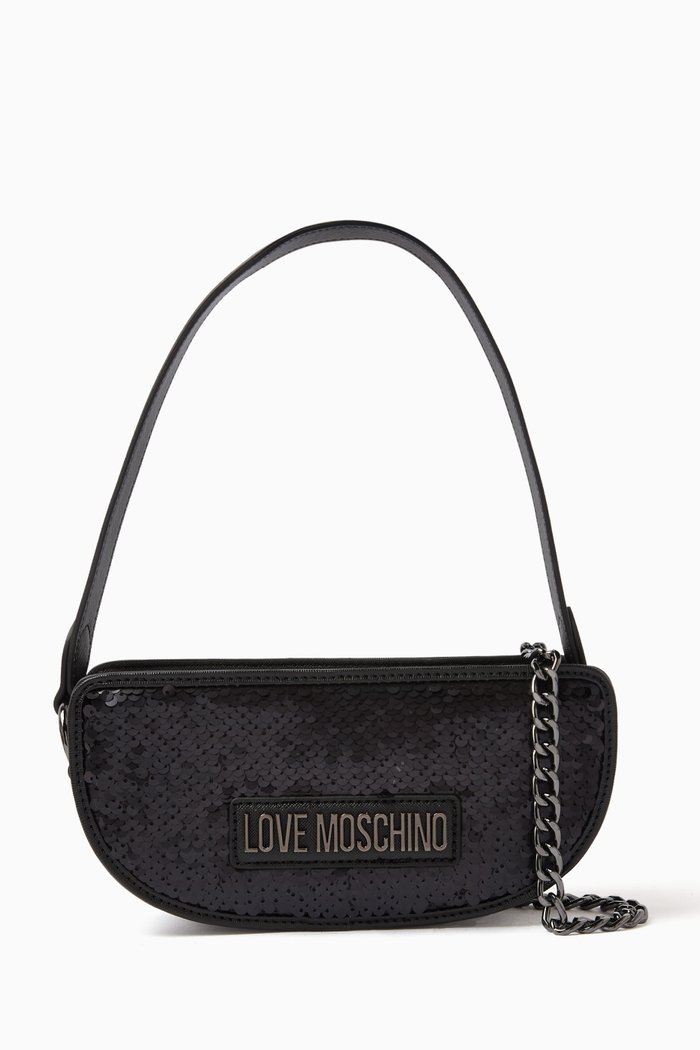 

Small Sparkling Half Moon Shoulder Bag in Sequins, Black