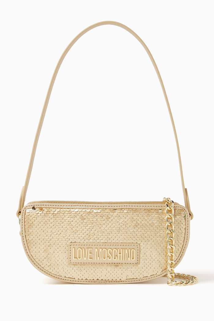 

Small Sparkling Half Moon Shoulder Bag in Sequins, Gold