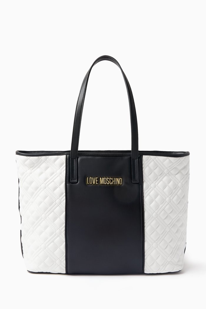 

Medium Quilted Colour-block Tote Bag in Faux Leather, Black
