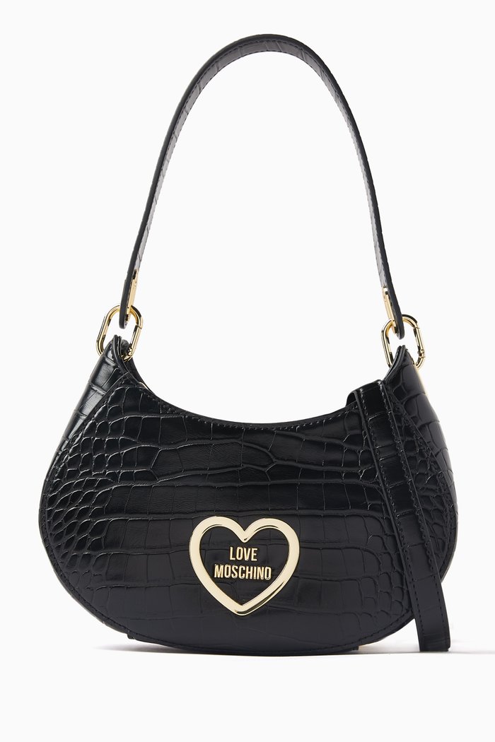 

Half Moon Shoulder Bag in Croc-embossed Faux Leather, Black