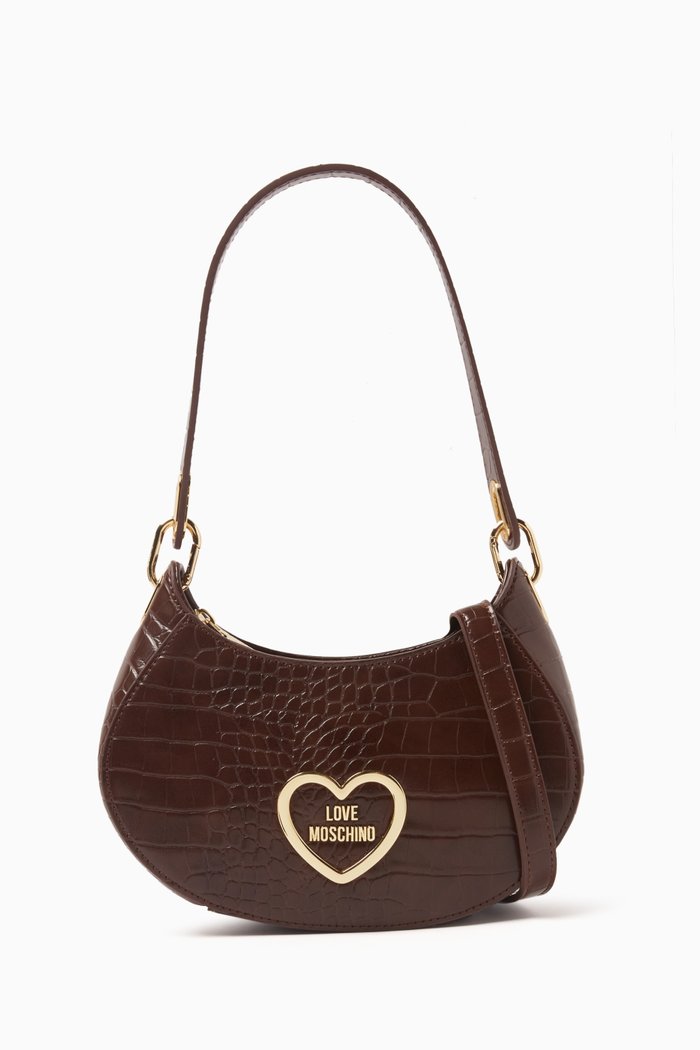 

Half Moon Shoulder Bag in Croc-embossed Faux Leather, Brown