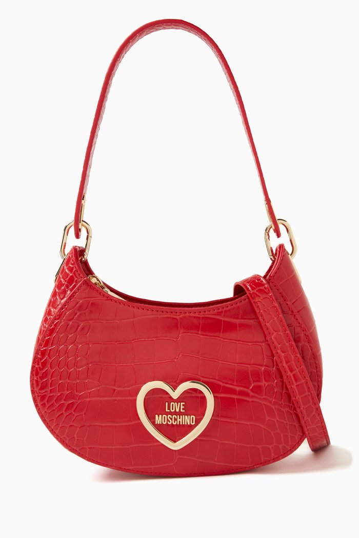 Half Moon Shoulder Bag in Croc-embossed Faux Leather, Red
