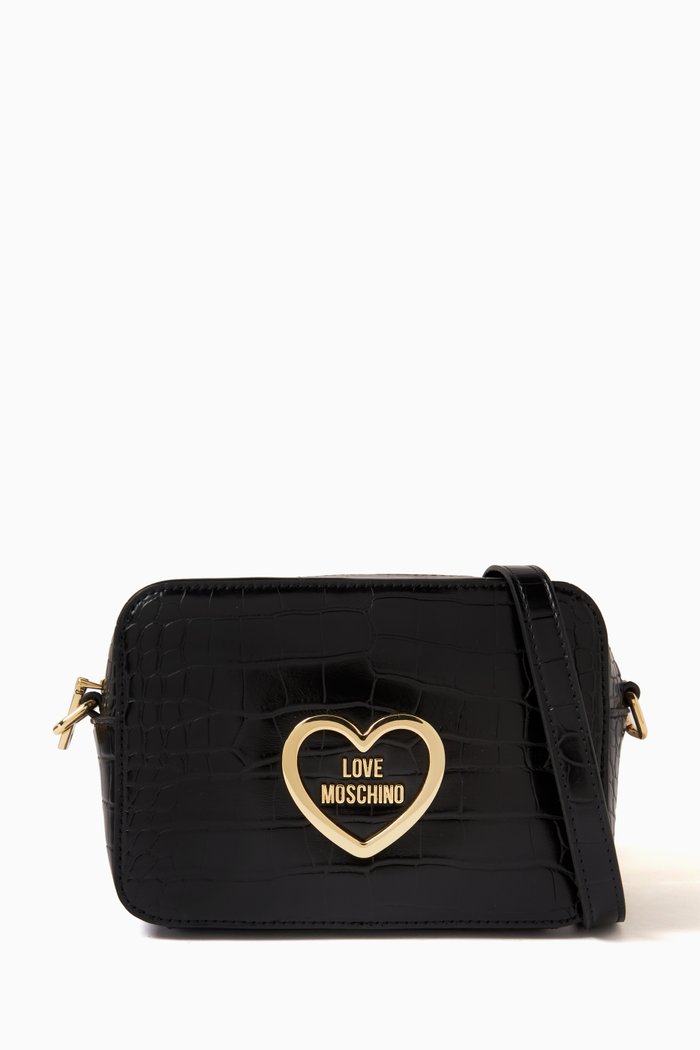 

Hug Camera Crossbody Bag in Croc-embossed Faux Leather, Black