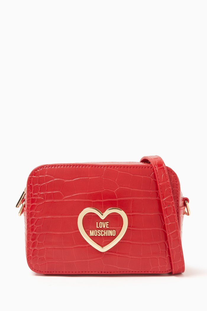 Hug Camera Crossbody Bag in Croc-embossed Faux Leather, Red