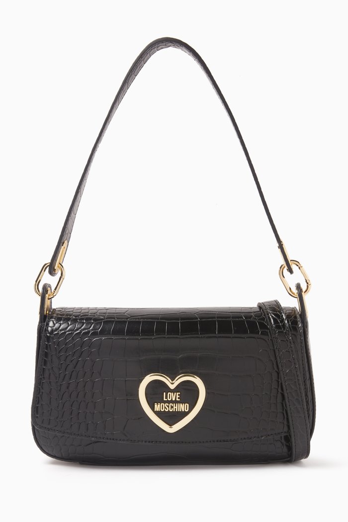 

Heart Logo Shoulder Bag in Croc-embossed Faux Leather, Black