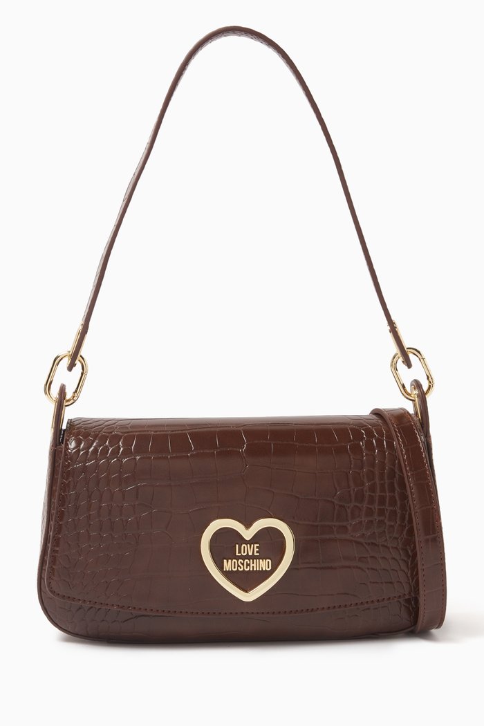 

Heart Logo Shoulder Bag in Croc-embossed Faux Leather, Brown