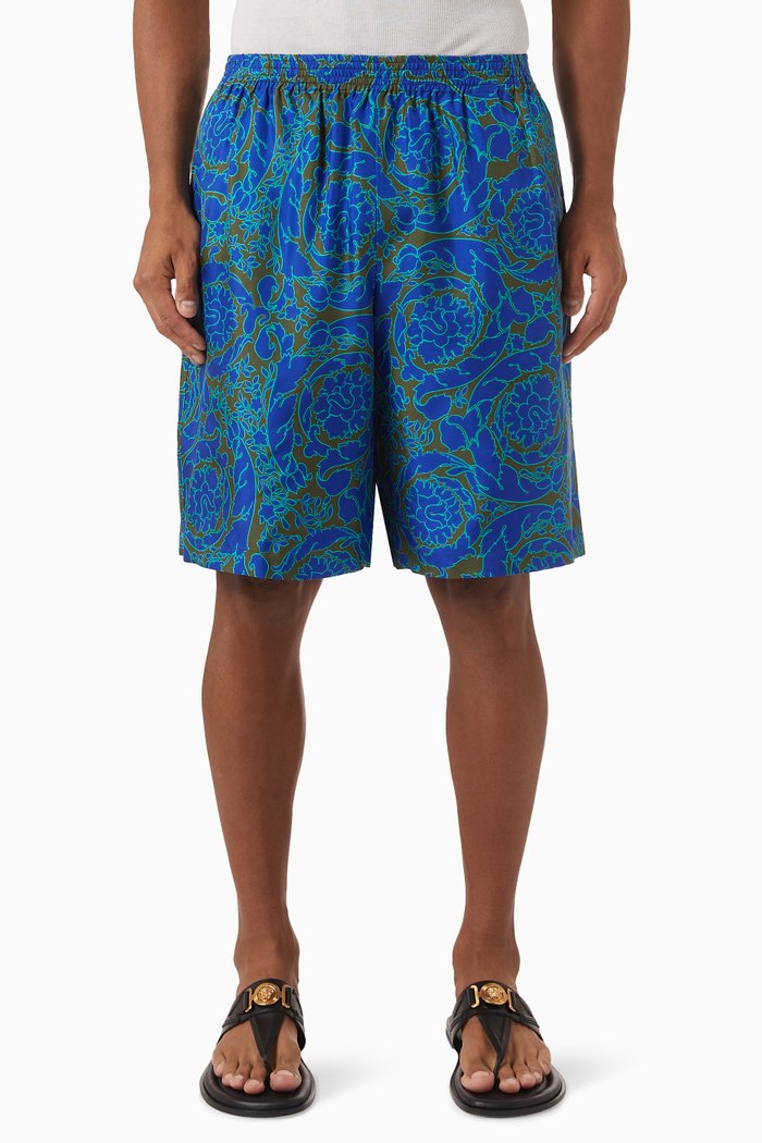 

Baroque & Logo Print Shorts in Silk, Blue