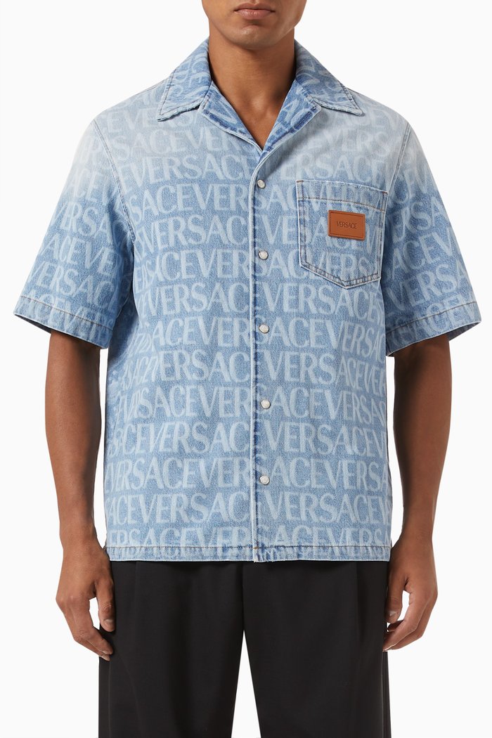 

Logo & Baroque Print Shirt in Denim, Blue