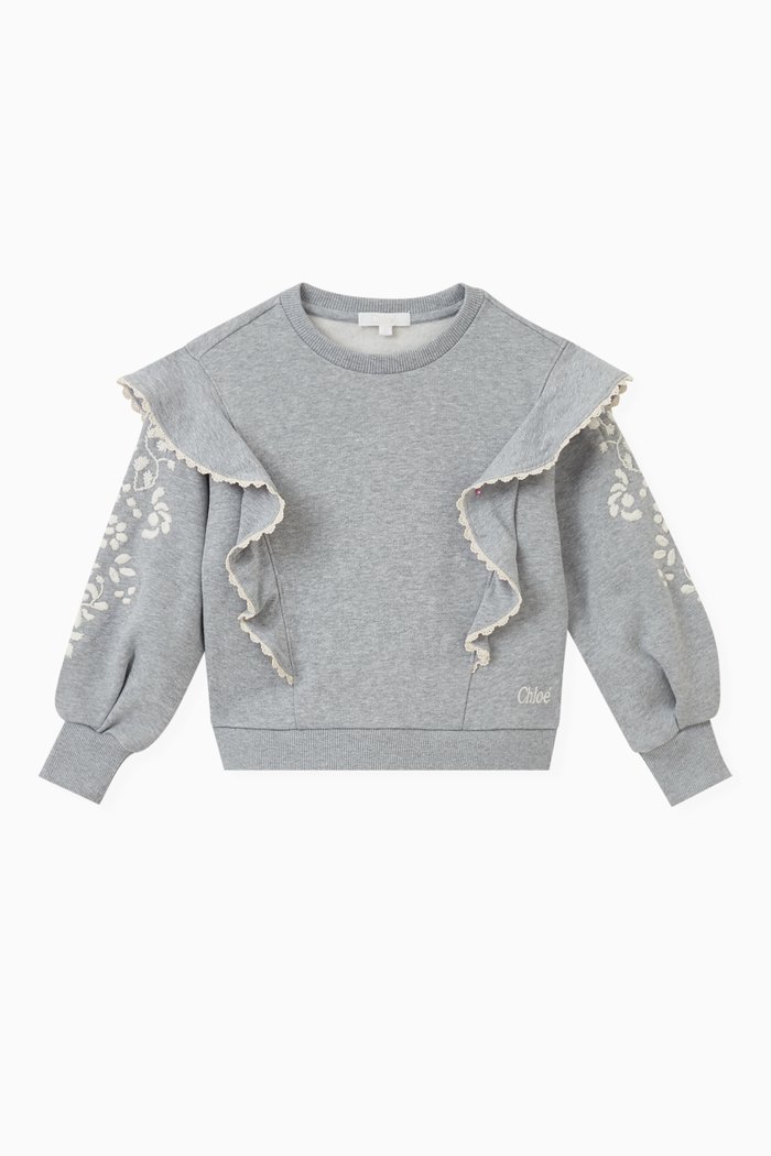 

Crochet-trim Ruffled Sweatshirt in Cotton, Grey