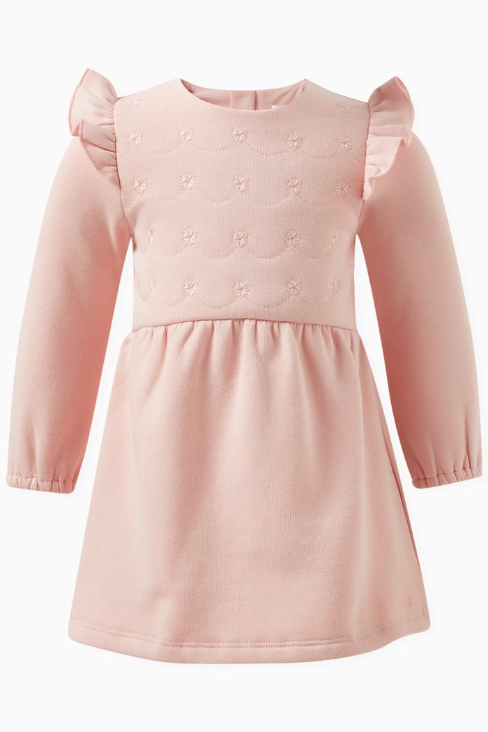 

Embroidered Frill Dress in Cotton, Pink