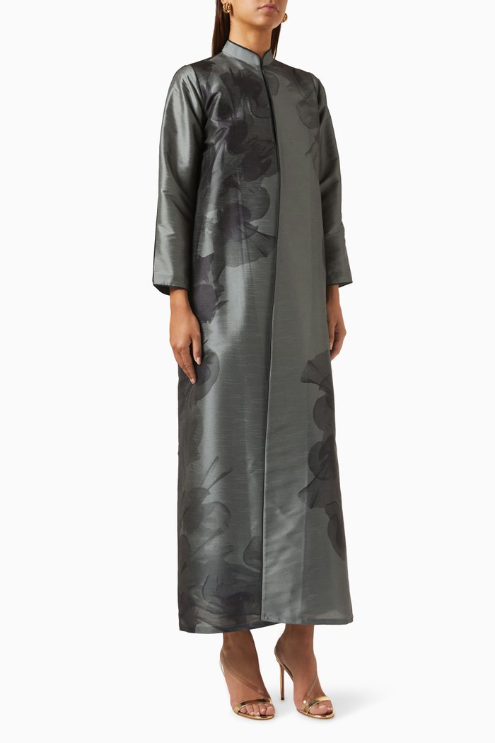 

Floral-print Abaya Set in Raw Silk & Chiffon, Grey