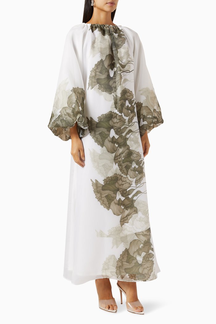 

Flared Maxi Dress in Printed Organza, White