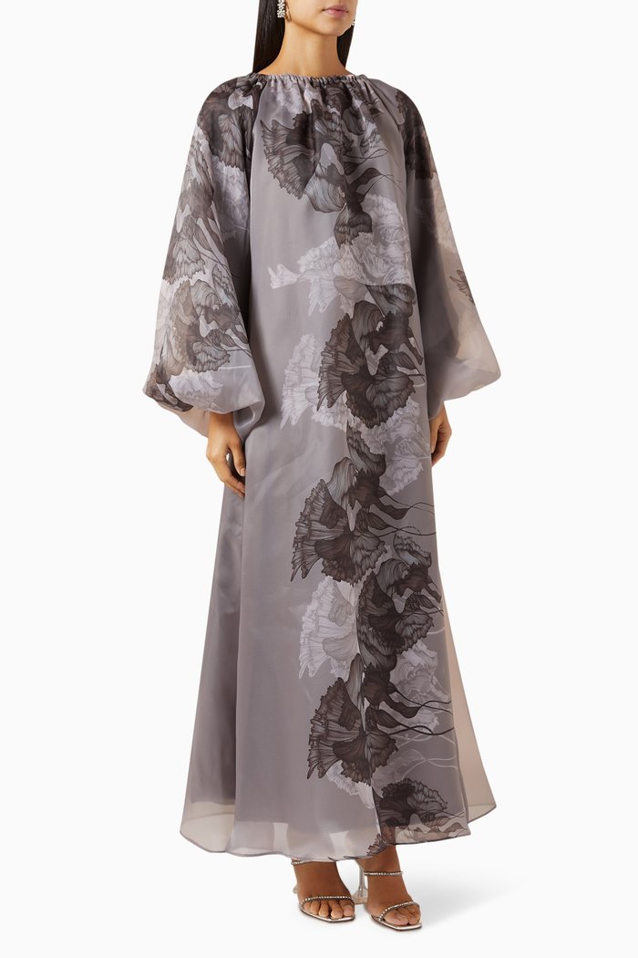 

Flared Maxi Dress in Printed Organza, Brown