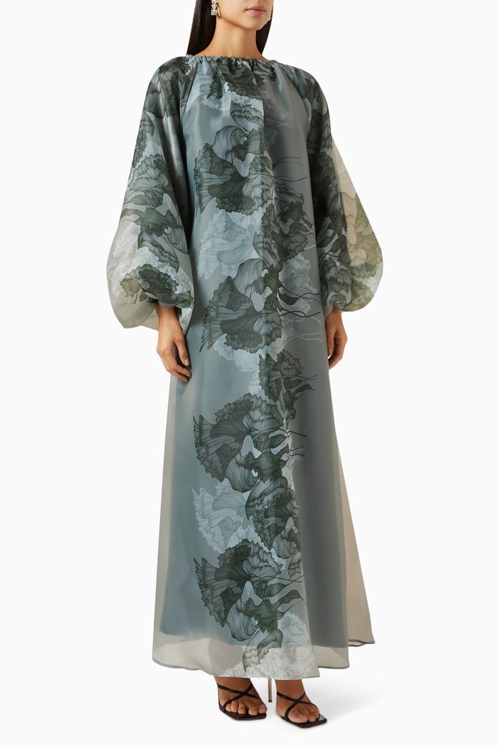 

Flared Maxi Dress in Printed Organza, Green