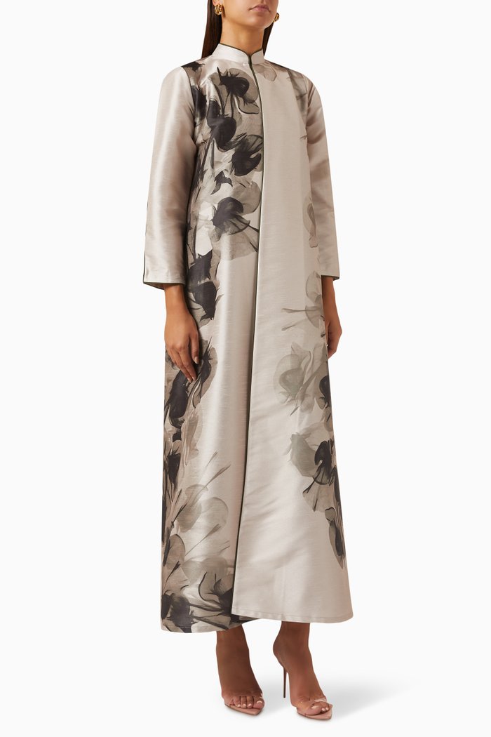 

Floral-print Abaya Set in Raw Silk & Chiffon, Neutral