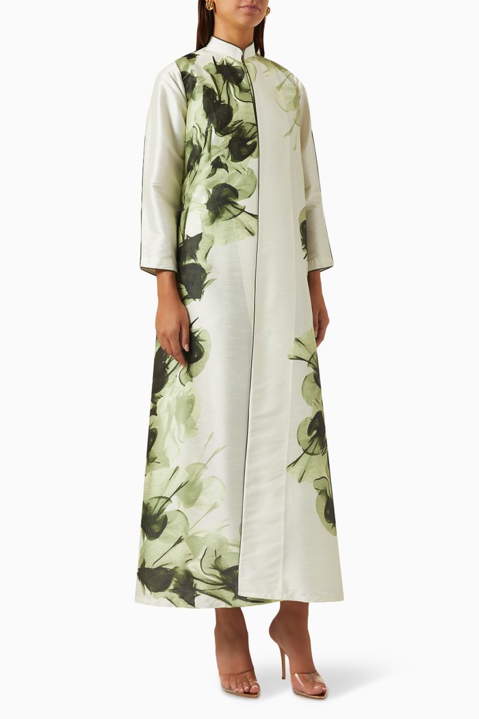 Floral-print Abaya Set in Raw Silk & Chiffon, Green