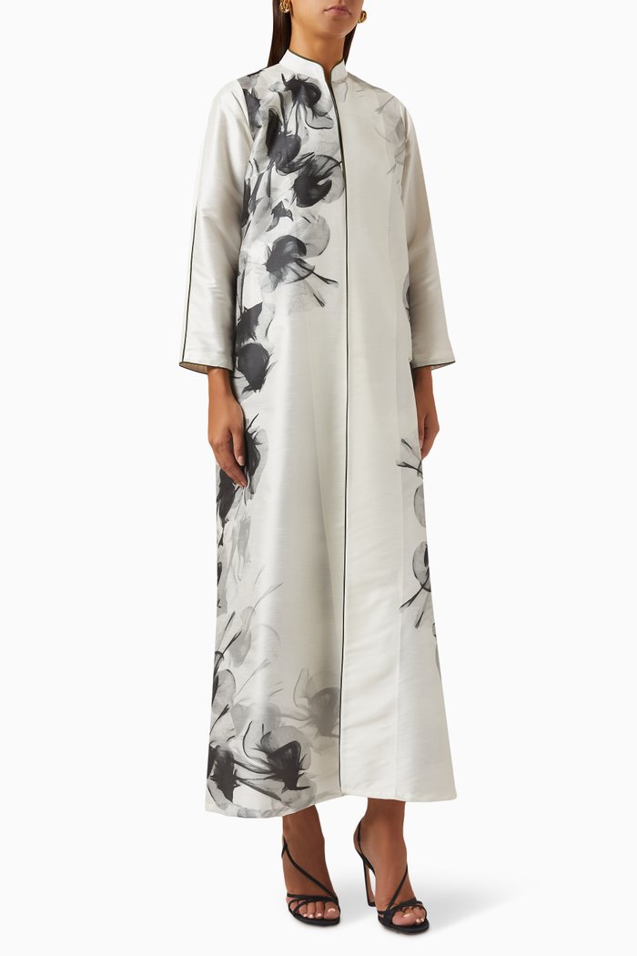 

Floral-print Abaya Set in Raw Silk & Chiffon, White