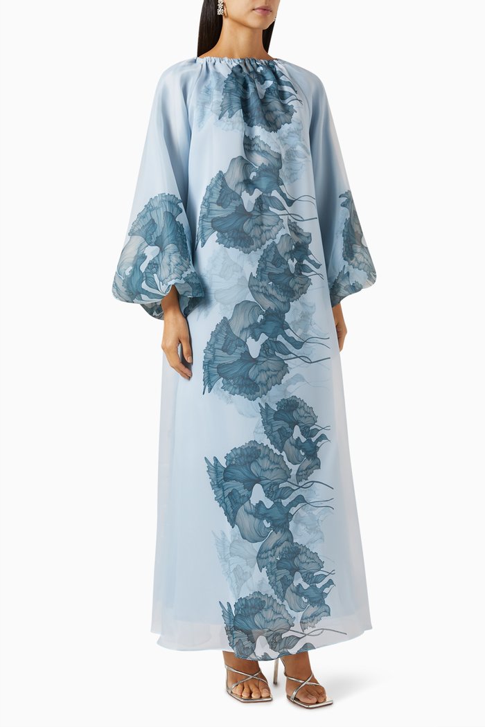

Flared Maxi Dress in Printed Organza, Blue