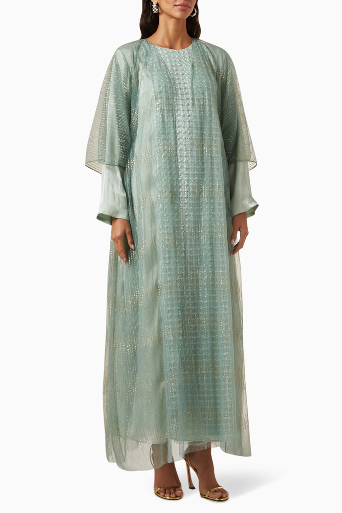 

Pearl-embellished Abaya Set in Organza, Green