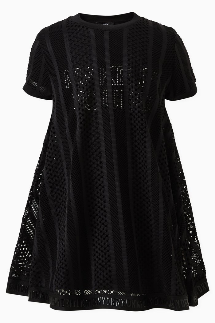 

Slogan Print Mesh Overlay Dress, Black