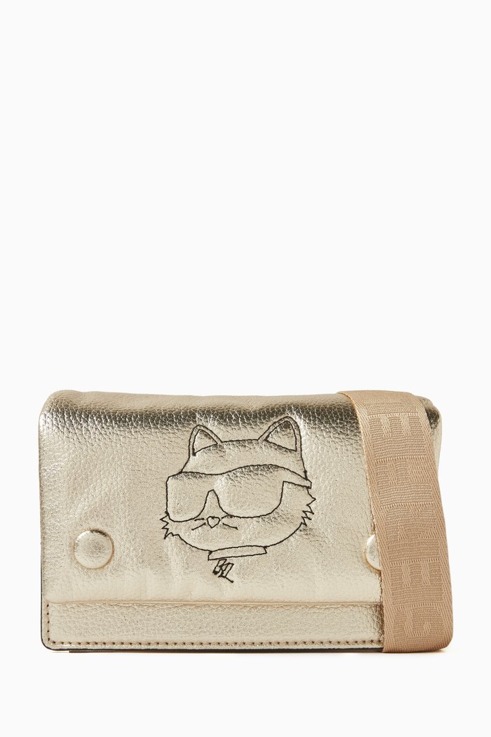 

Choupette Embossed Crossbody Bag in Metallic Faux Leather, Gold