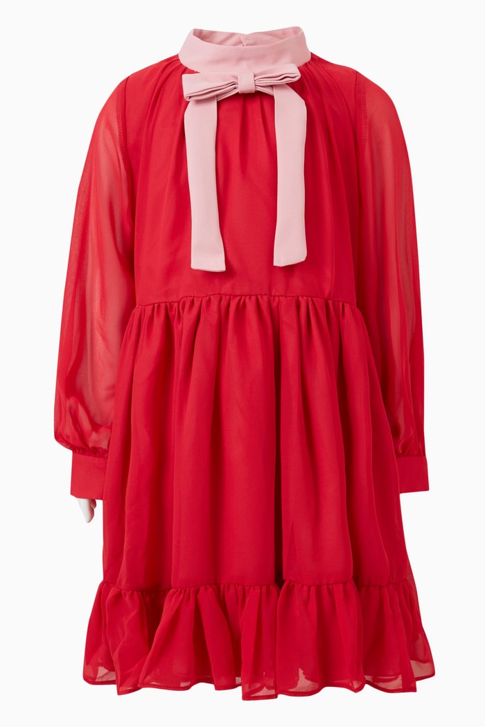 

Gathered Ruffle Dress in Chiffon, Red
