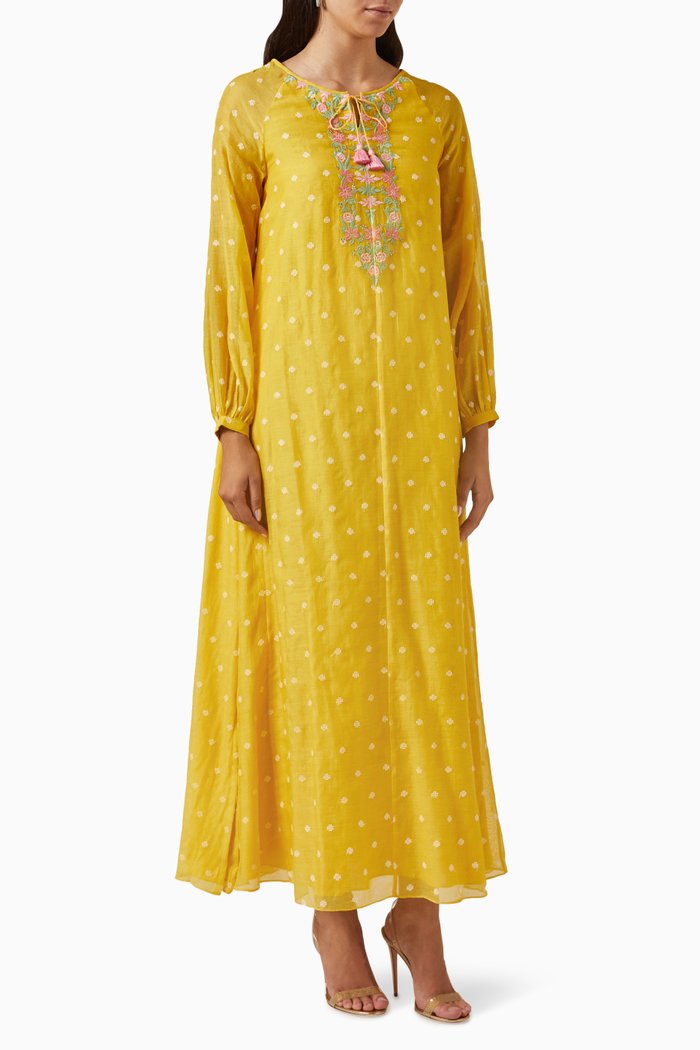 

Floral-embroidered Kaftan, Yellow
